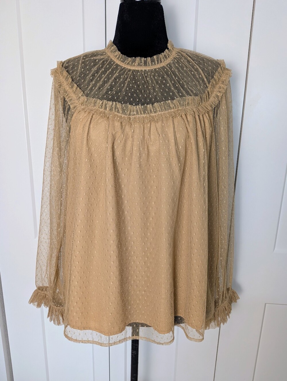 J.CREW Womens Sheer Lace Polka Dot Ruffle Long Sleeve Button Blouse 2XL Beige - Picture 2 of 10